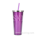 24 oz large double layers plastic drinking cup with straw glister plastic cup